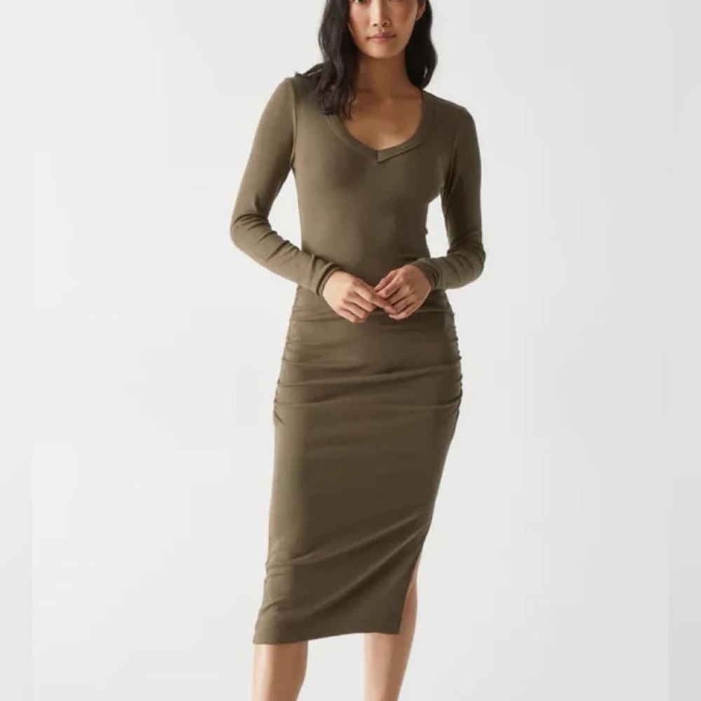 Michael Stars Nova Ribbed V-Neck Dress Ruched Sides Green Midi Dress Size XL